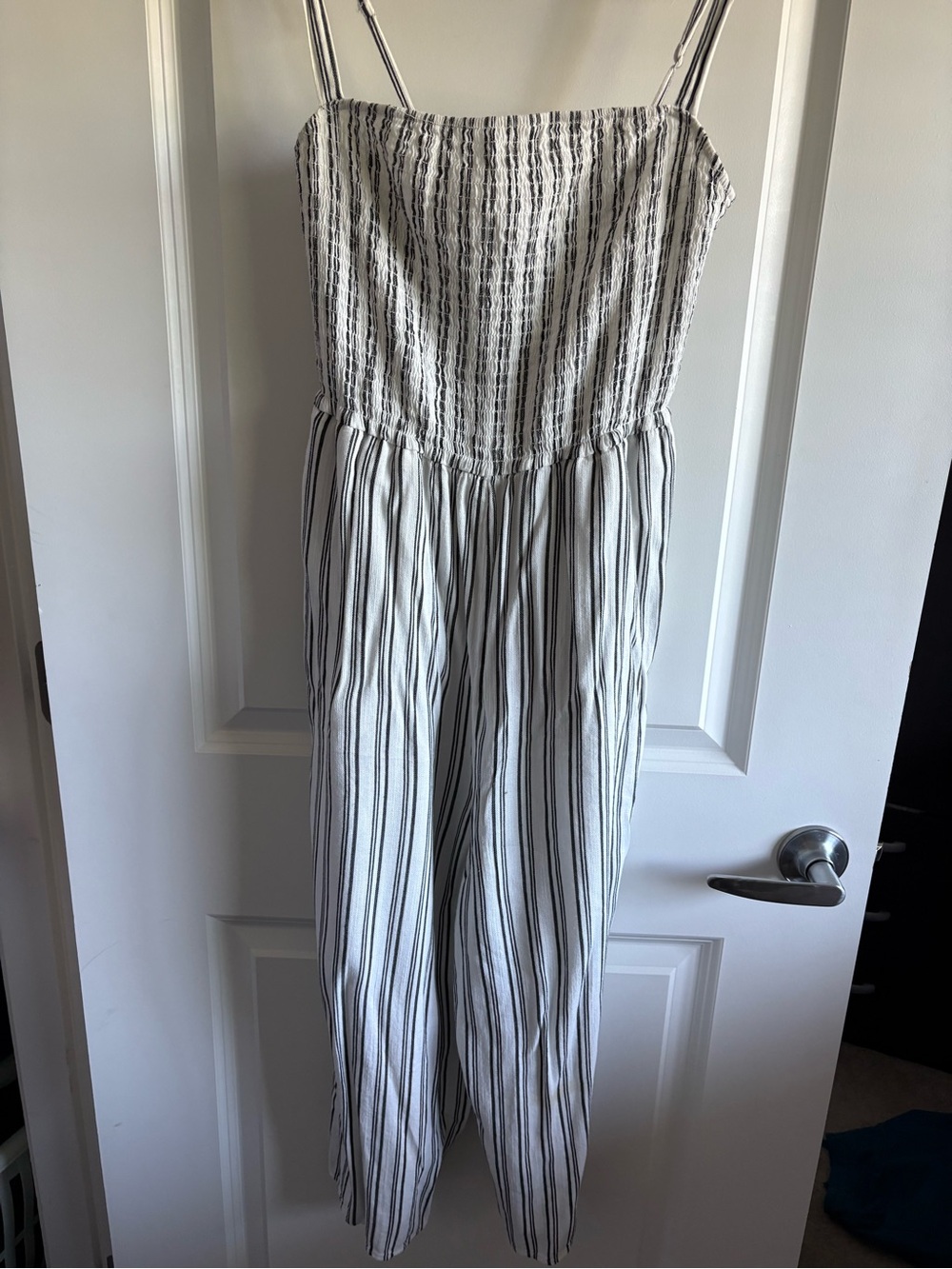 Garage White & Black Striped Smocked Jumpsuit